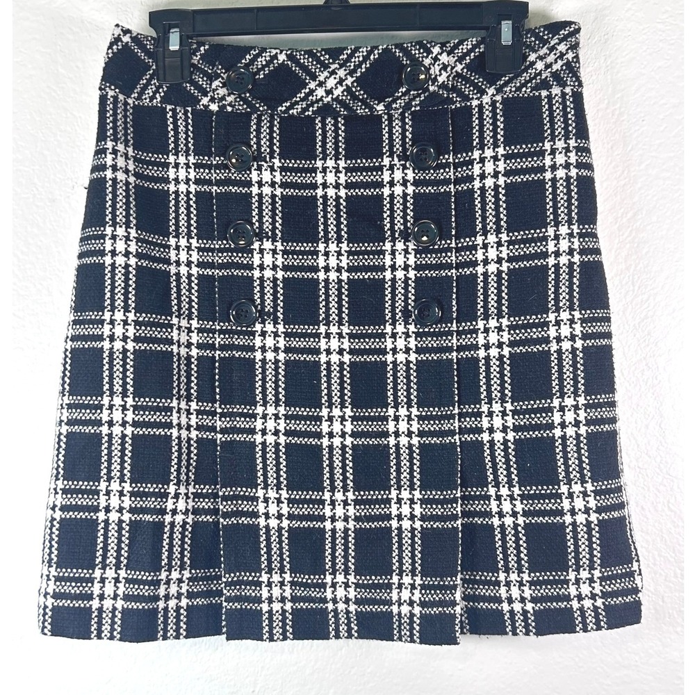 Ann Taylor LOFT Academic Black White Plaid Tweed Mini Skirt Double Breasted SZ 2